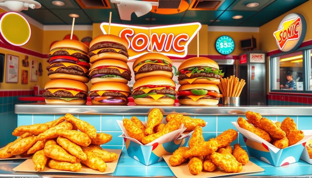 Sonic burger menu with signature burgers and wings